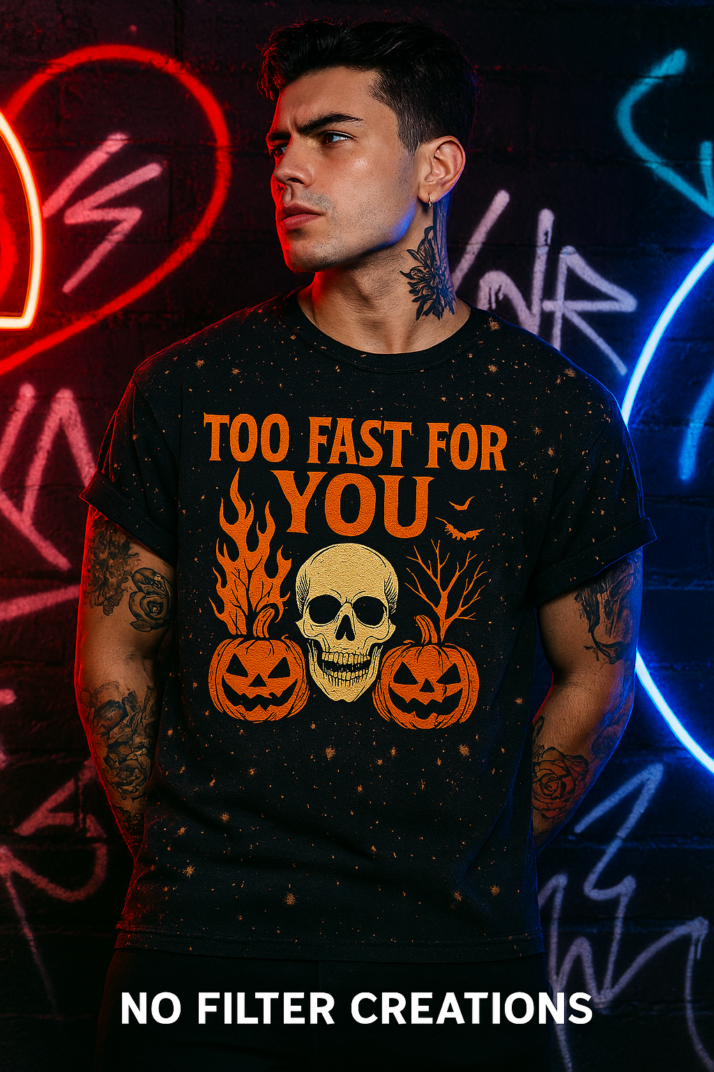 TOO FAST FOR YOU – Halloween Skull & Pumpkin Bleached Tee